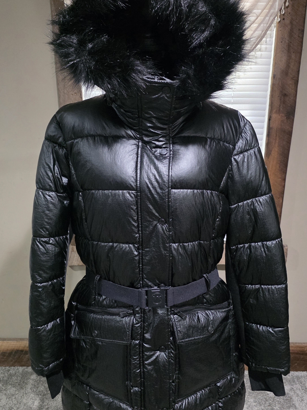 Michael Kors Black Quilted Belted Puffer Coat with Faux Fur Hood